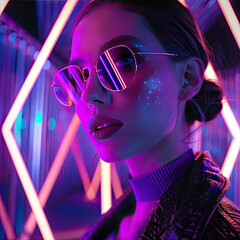 Futuristic purple cyberpunk neon lights up a fashion shoot within glitched triangle frames echoing the concert party and manufac