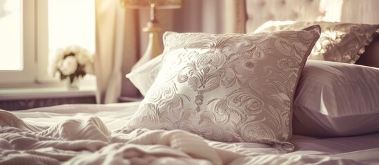 A soft white pillow is resting on a neatly made bed covered with a smooth white blanket