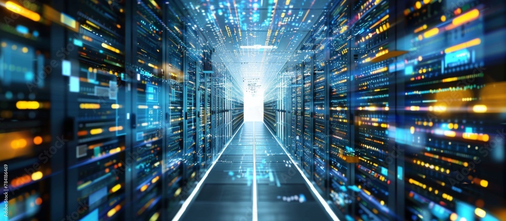 Poster a spacious corridor featuring numerous server racks and equipment in a high-tech data center environ