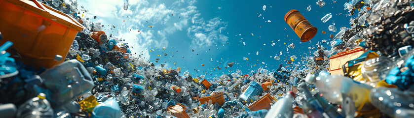 A large pile of colorful plastic bottles and other trash with the sky in the background. - obrazy, fototapety, plakaty
