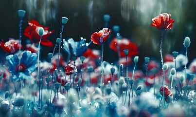 poppy flowers in the field. Generative AI - obrazy, fototapety, plakaty