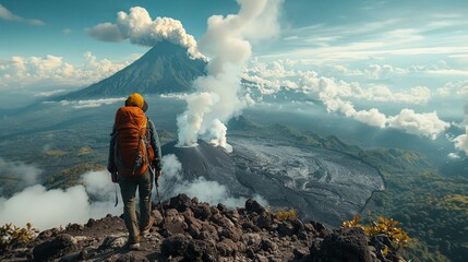 Backpacking in Southeast Asia and a vinegar and baking soda volcano, exploring volcanic landscapes - obrazy, fototapety, plakaty