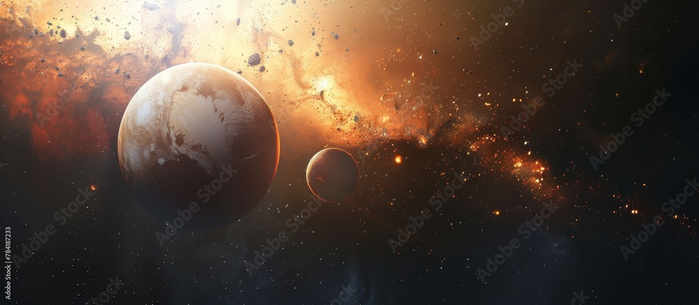 Aufkleber the image showcases a mesmerizing view of planets floating in the vastness of outer space, surrounde