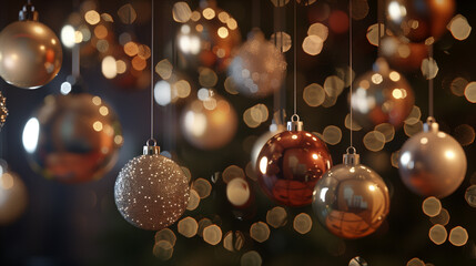 Obraz na płótnie Canvas Christmas Ornaments Hanging with Glowing Lights Festive Background
