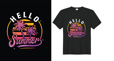 Summer T-shirt Design. Retro vintage California beach summer typography with palm trees sunset beach nature silhouettes vector illustration. Made for summer lovers print poster banner Global swatches