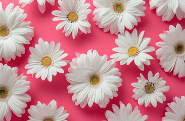Beautiful White Daisies Arranged on Soft Pink Background, Top View, Flat Lay with Copy Space, Floral Composition
