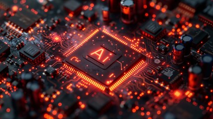 Obraz premium AI artificial intelligence concept, Close up of microprocessor on mainboard electronic computer background, Futuristic innovative technologies.