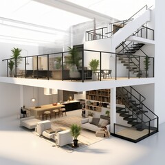 Fototapeta na wymiar illustration of Urban Loft-3D rendering of a modern urban loft pre, Generative ai