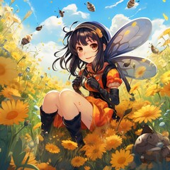 illustration of bumble bee girl sitting on a cute giant bee, Generative ai