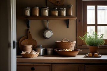 Obraz premium A cozy kitchen with warm, earthy tones and rustic wooden accents, filled with the aroma of freshly baked bread and simmering pots on the stove.