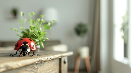 white wall living room with red ladybug adorned with delicate black spots leisurely crawling on a lush wooden sideboard, macro photography