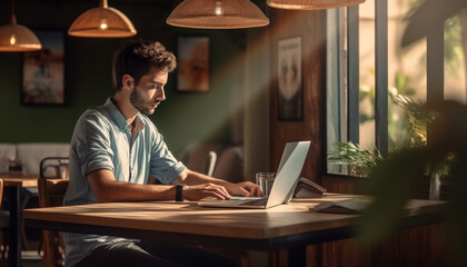 Young employee or freelancer man working remotely typing on laptop in coffee shop on table. Boy student studying or doing internet course in cafe. Remote work, online study, flexible hours concept.