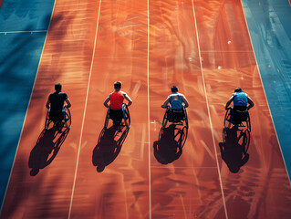 Men wheelchair racer on track stadium competition disabled. Competitions of the disabled at the stadium