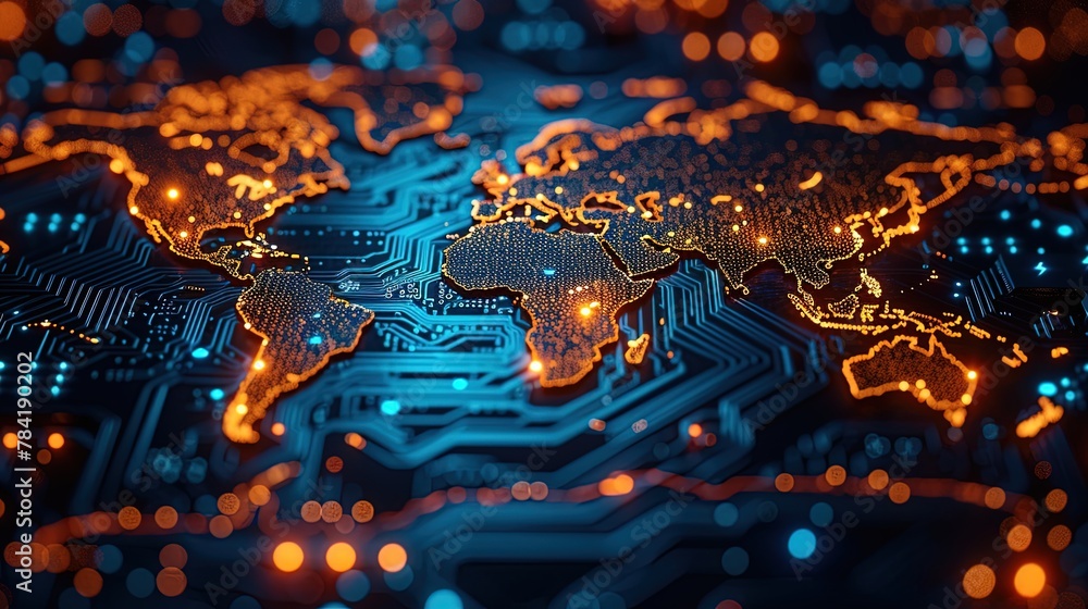 Canvas Prints the illuminated digital map of the world is engraved on a dark printed circuit board. innovative pc.