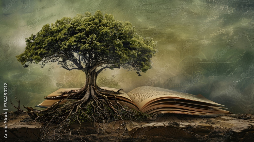 Wall mural Conceptual art of a tree growing from a book, roots spreading into words