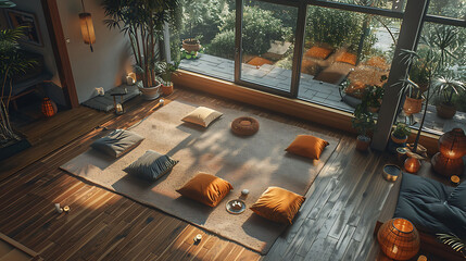 Overhead view of a serene meditation space with floor cushions, modern interior design, scandinavian style hyperrealistic photography