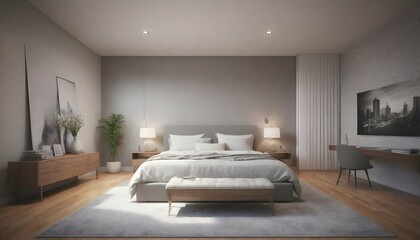 Fototapeta na wymiar Corner of modern bedroom with beige walls, concrete floor, comfortable king size bed with beige cover standing on brown carpet and wooden wardrobe. 3d rendering