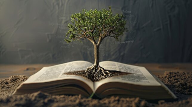 Conceptual art of a tree growing from a book, roots spreading into words