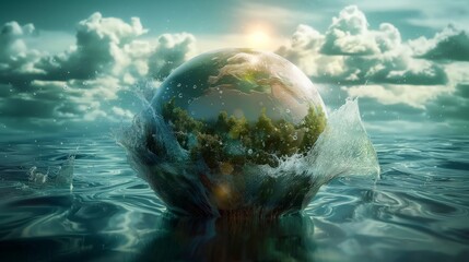 The planet Earth drowning in water. Submerged city background. Floods, natural disasters, climate change	