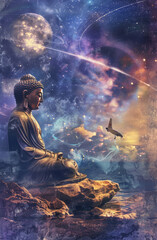 In the cosmic silence a Buddha ponders quantum mysteries and financial skies where lonely aviation trails weave fate
