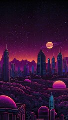 Cityscape on a dark background, bright and glowing neon purple lights Retro AI Generate