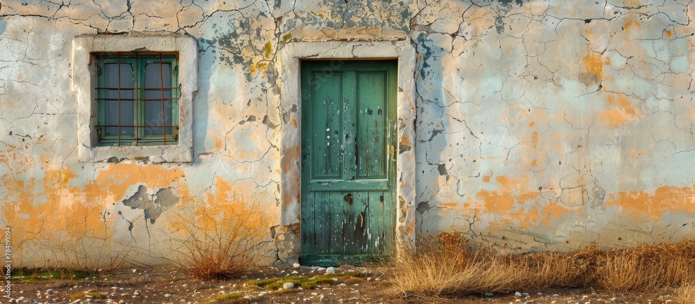Poster old weathered wall featuring a green door and two windows, adding character to the building