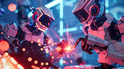 In the glow of trendy geometric neon smart robots undertake welding beneath a beautiful night sky showcasing the future of scien