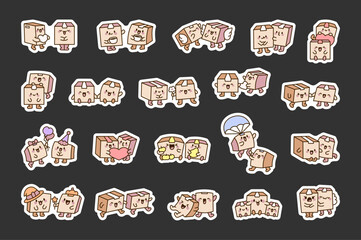 Cute couple of delivery boxes. Sticker Bookmark. Parcel character. Hand style. Vector drawing. Collection of design elements.