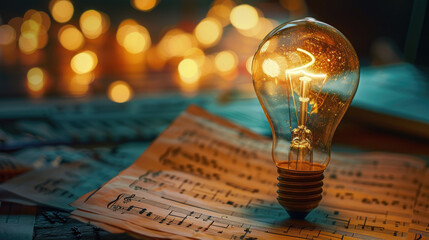 In the programmers den lightbulb ideas harmonize with music sheets a synergy celebrated by the approving nod of a boss - obrazy, fototapety, plakaty