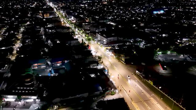 View of the Banjarmasin city from a drone during the night