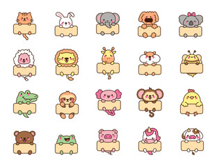 Naklejka premium Cute kawaii animal with blank web banner template. Funny cartoon characters with frame. Hand drawn style. Vector drawing. Collection of design elements.