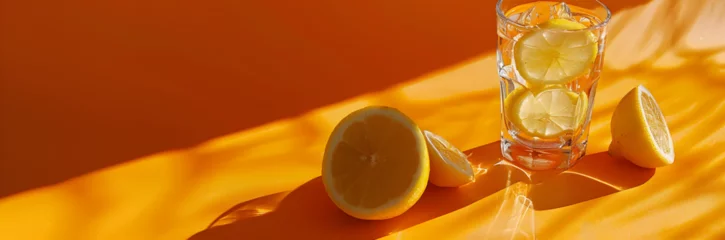 Foto op Plexiglas Hydration with lemon water web banner. Glass of water with lemon slices on orange background with copy space. © Banner Brian