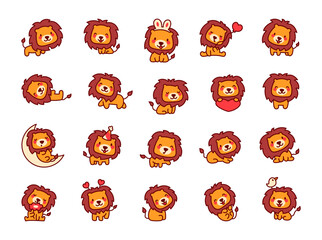 Cute cartoon lion characters. Adorable animal with different emotions. Hand drawn style. Vector drawing. Collection of design elements.