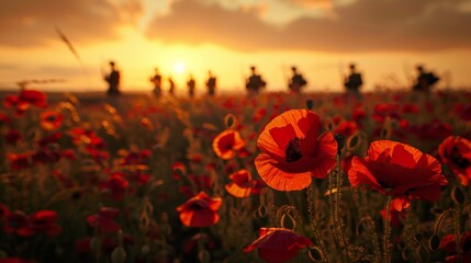 ANZAC, Remembrance Day Celebration.A field of red poppies blooming in the foreground, with the silhouettes of soldiers in a distant battlefield against a muted sunset 