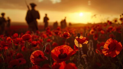 ANZAC, Remembrance Day Celebration.A field of red poppies blooming in the foreground, with the silhouettes of soldiers in a distant battlefield against a muted sunset  - 784192292