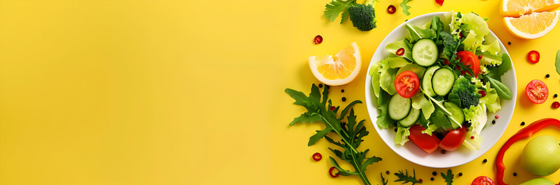 Fresh salad web banner. Bowl of salad with fresh ingredients on yellow background with copy space.
