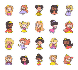 Cute baby princess with beautiful dresses. Hand drawn style. Vector drawing. Collection of design elements.