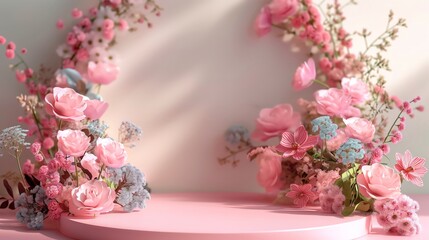 Round podium for cosmetic beauty product with cherry blossom flowers