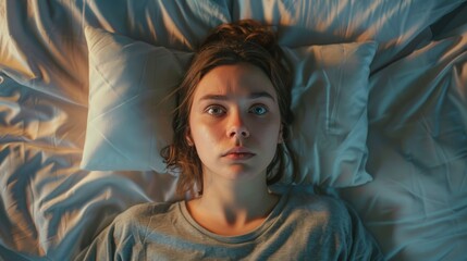 A young woman lying in bed, staring at the ceiling with a worried expression, counting down the minutes until her work deadline.