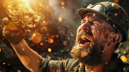 A gold miner holding up a gold nugget with a triumphant expression, celebrating a successful find driven by higher prices.  - obrazy, fototapety, plakaty