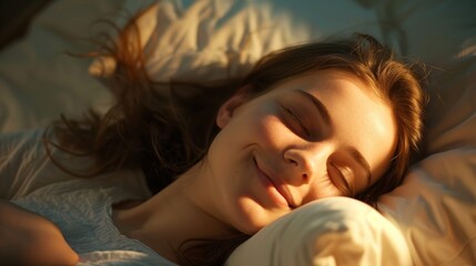  A young woman presses the snooze button with a sly smile, enjoying a few more minutes of sleep.