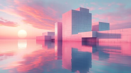 Surreal pink pastel ships reflecting in the calm sea at sunrise