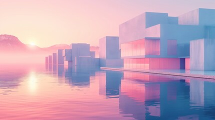 Surreal pink pastel ships reflecting in the calm sea at sunrise