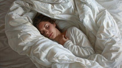 A young woman snuggled deep under a white comforter, trying to block out the early morning light. 