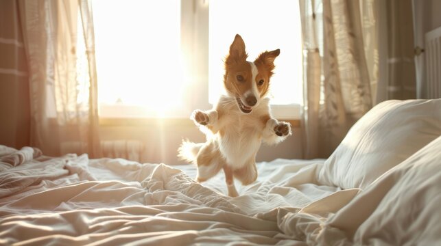 A dog or cat jumping on the bed to wake up their owner.