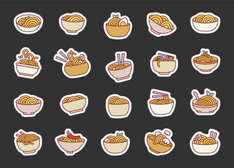 Noodles bowl and chopsticks. Sticker Bookmark. Ramen food. Hand drawn style. Vector drawing. Collection of design elements.