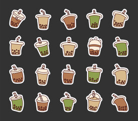Boba milk tea with tapioca pearls. Sticker Bookmark. Bubble drink. Hand drawn style. Vector drawing. Collection of design elements.