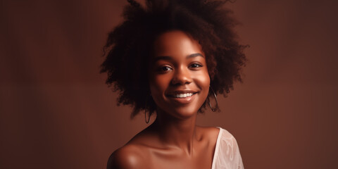 Beautiful Young African American Woman with Afro Hairstyle Smiling on Brown Background