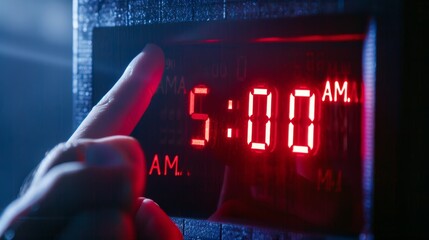 A hand reaching out to press the snooze button on a digital alarm clock with glaring red digits reading "5:00 AM."