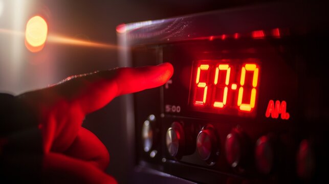 A hand reaching out to press the snooze button on a digital alarm clock with glaring red digits reading "5:00 AM."